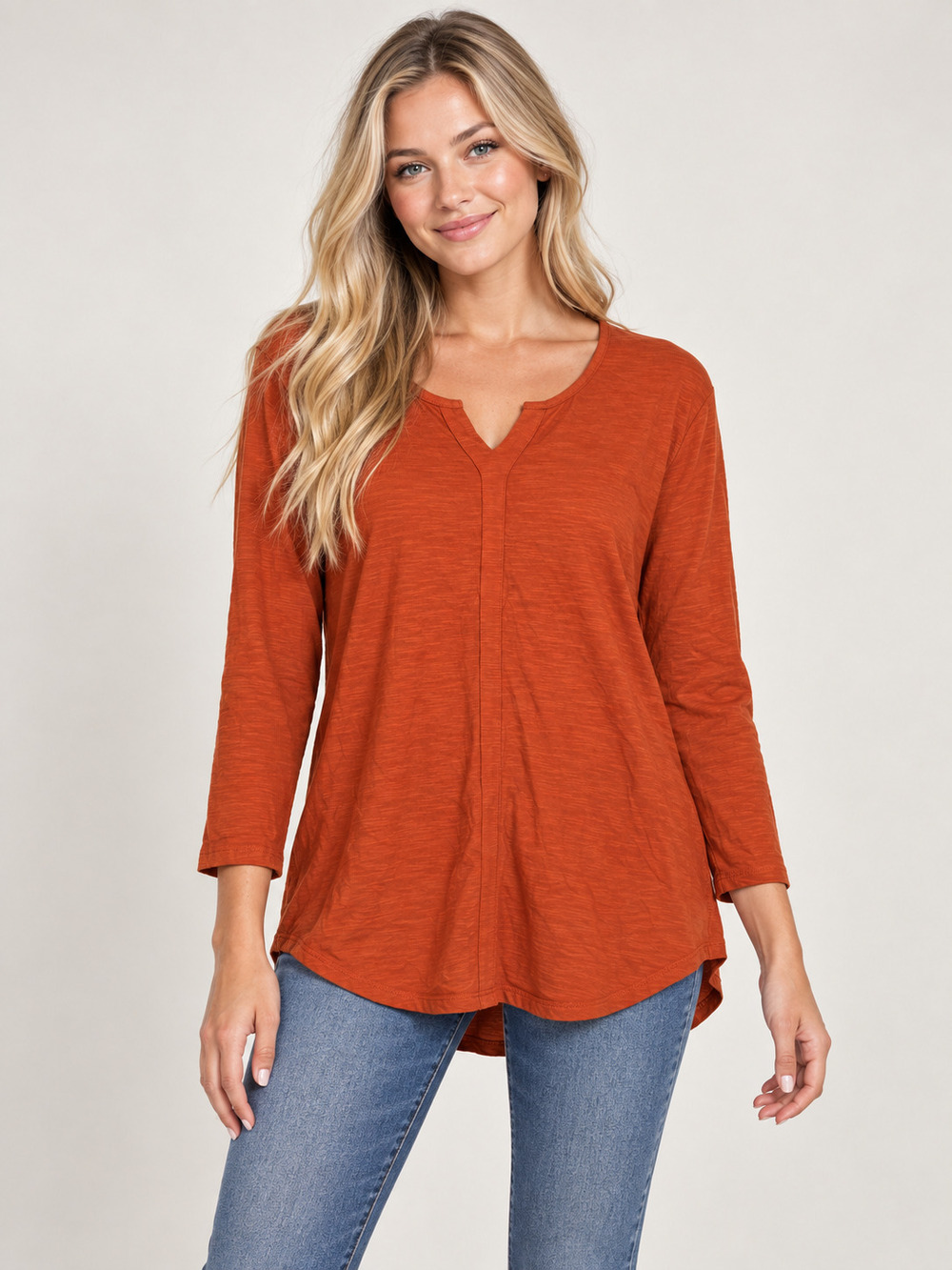 2/$30 Chico's Cotton Rust Split Neck Long Sleeve Top XL #A4914
